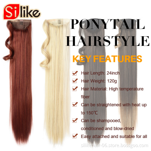 High Quality 24 inch Blonde Black Long Straight Drawstring Ponytail Hairpiece With Hairpins Synthetic Ponytail Hair Extensions